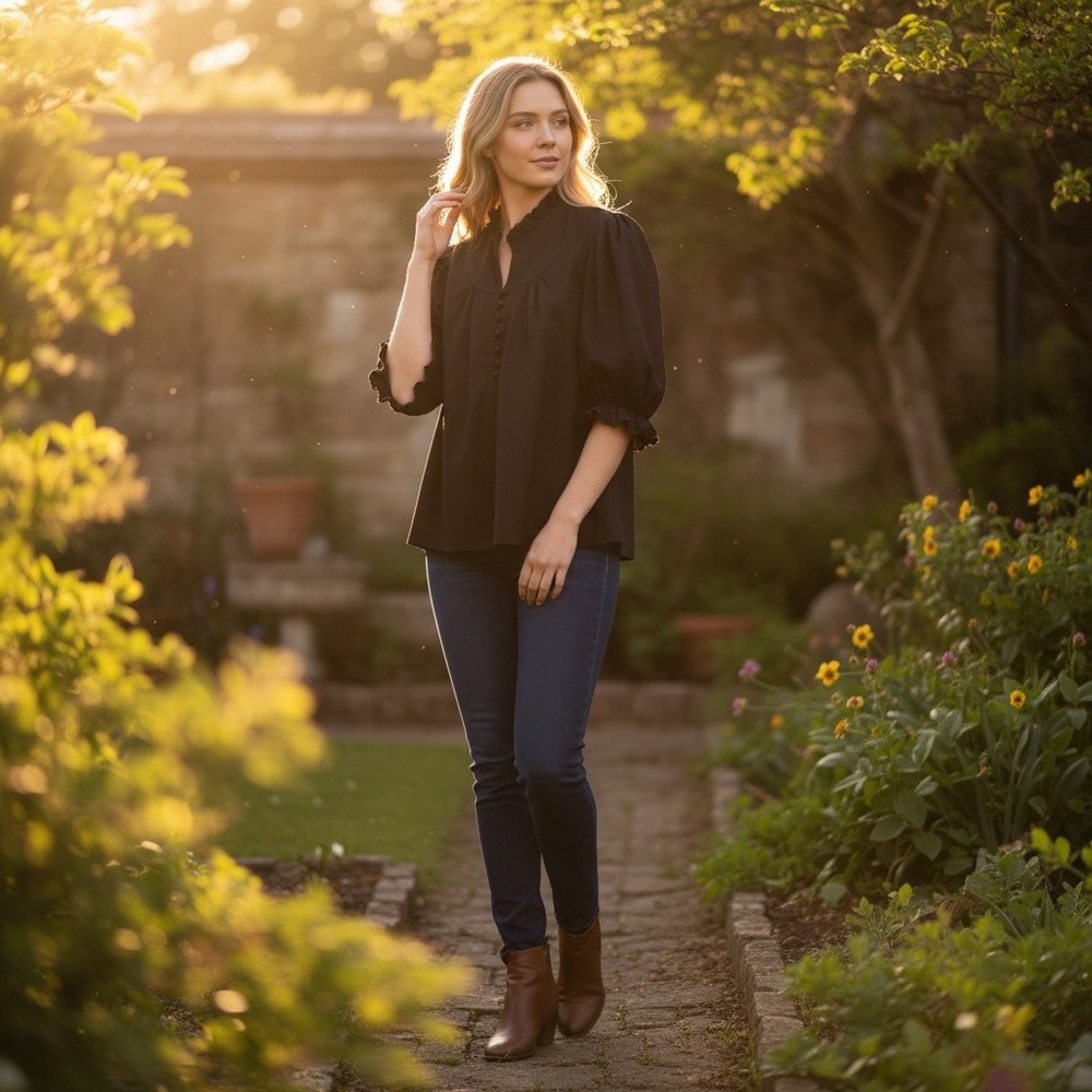 Pomander Place Selena Black‎ Puff Sleeve Ruffle Neck Button Up Blouse Top XXL